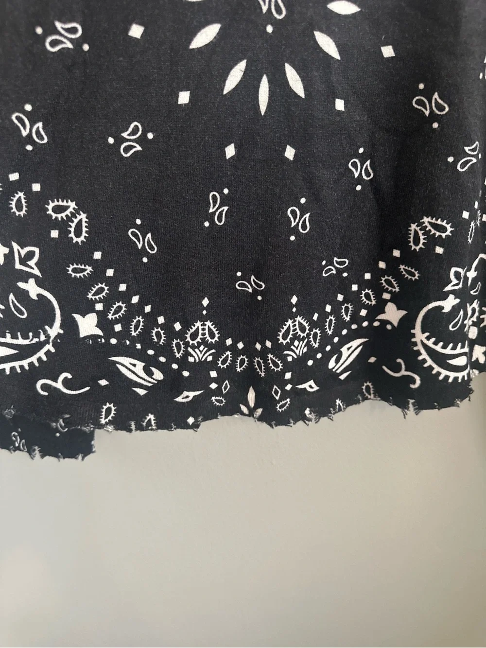 Charlie B Bandana Print Distressed Knit Sweater Black White Frayed Trim S